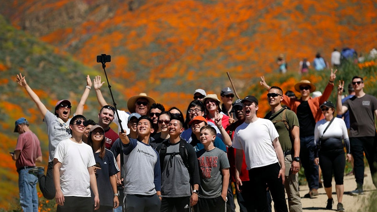 People pose for a picture among wildflowers in bloom Monday, March 18, 2019, in Lake Elsinore, Calif.