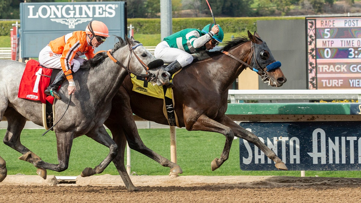 Hronis Racing's Edwards Going Left and jockey Joel Rosario, right, outleg King Abner (Tyler Baze), left, to win the $100,000 Tiznow Stakes, Sunday, March 3, 2019 at Santa Anita Park in Arcadia, Calif. (Benoit Photo via AP)