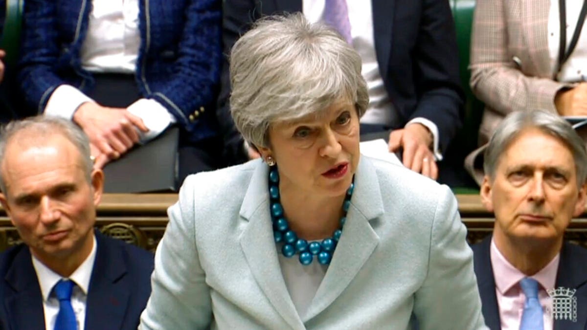 Britain's Prime Minister Theresa May makes a statement on Brexit to lawmakers in the House of Commons, London, Monday March 25, 2019. May is under intense pressure Monday to win support for her Brexit deal to split from Europe.