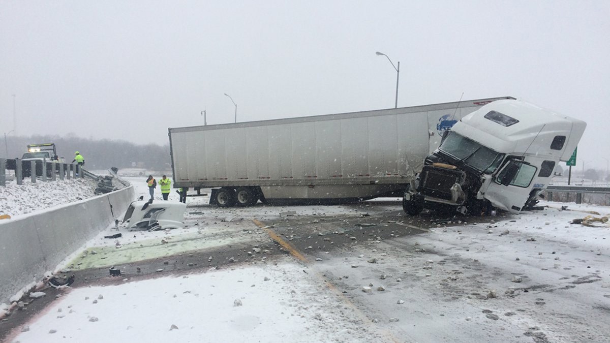A major truck was was reported on Interstate 44 in Missouri as snow was falling throughout the region.
