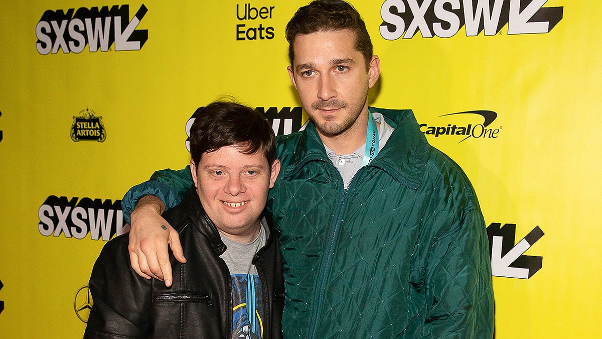 Actors Shia LaBeouf (R) and Zack Gottsagen (L) attend the premiere of 