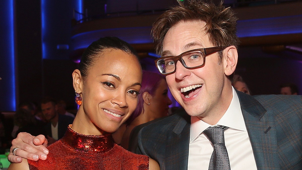 HOLLYWOOD, CA - APRIL 19: (L-R) Comic book writer Jim Starlin, actor Zoe Saldana, Writer/director James Gunn and actor Vin Diesel at The World Premiere of Marvel Studios? ?Guardians of the Galaxy Vol. 2.? at Dolby Theatre in Hollywood, CA April 19th, 2017  (Photo by Jesse Grant/Getty Images for Disney)