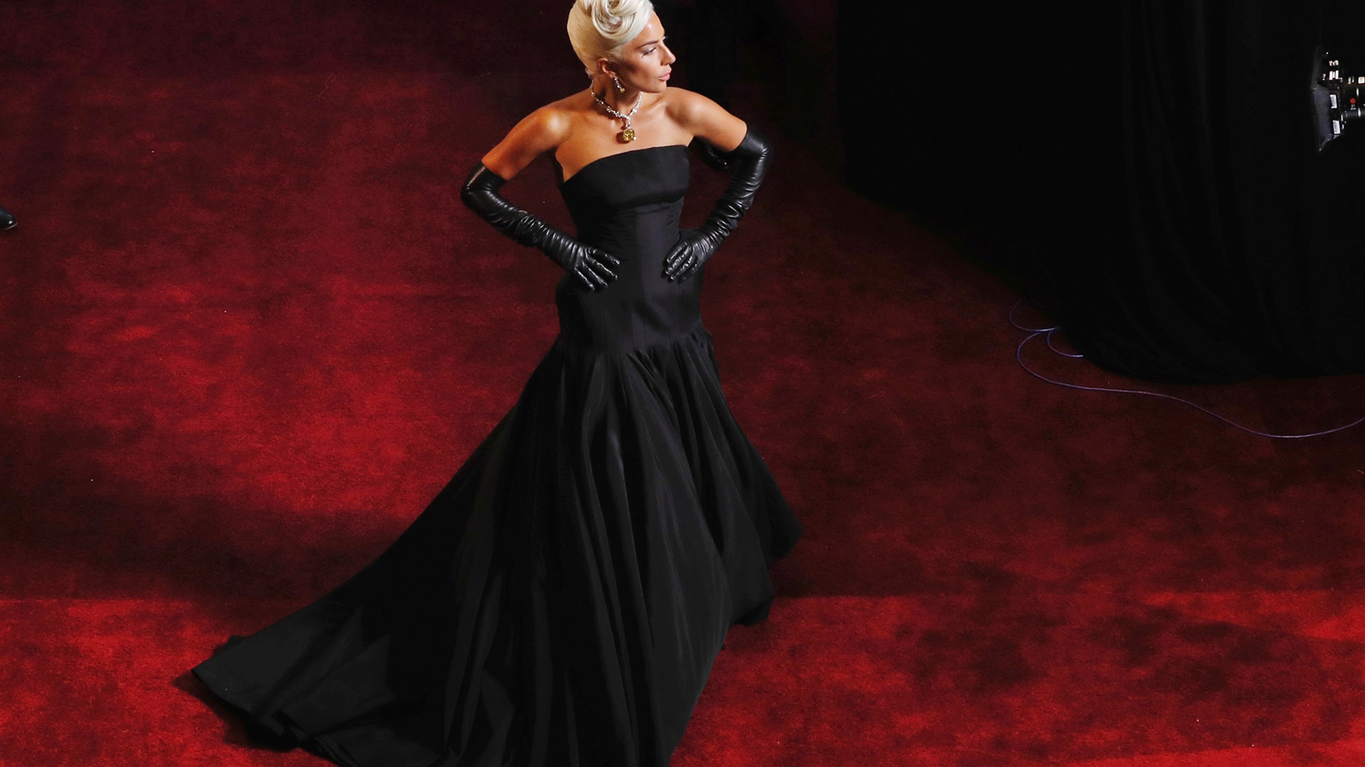 Lady Gaga wearing Alexander McQueen poses on the red carpet at the 91st Academy Awards in Los Angeles, Feb. 24, 2019.