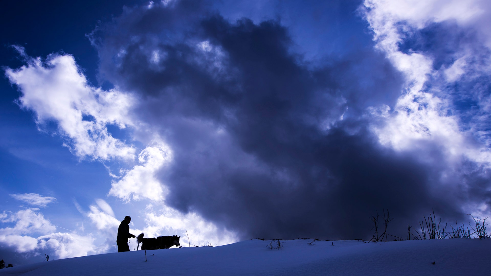 A man walks with his dog in front of a cloudy sky in the Thuringian Forest near Oberhof, Germany, March 12, 2019. 