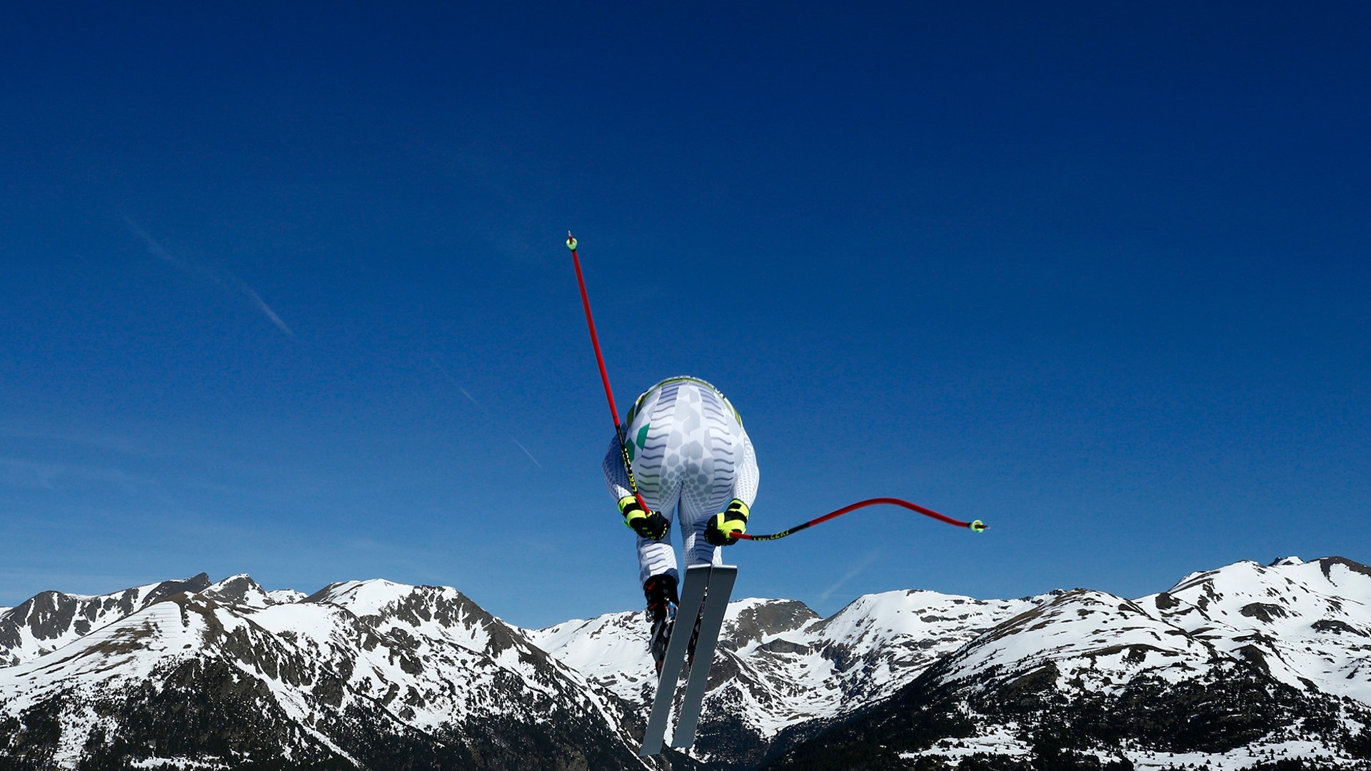 Italy's Dominik Paris is airborne during an alpine ski, men's World Cup downhill training run in Soldeu, Andorra, March 12, 2019.