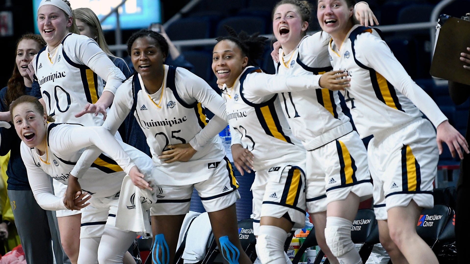 Quinnipiac players celebrate their win over Marist during their college basketball game in the Metro Atlantic Athletic Conference in Albany, March 11, 2019.