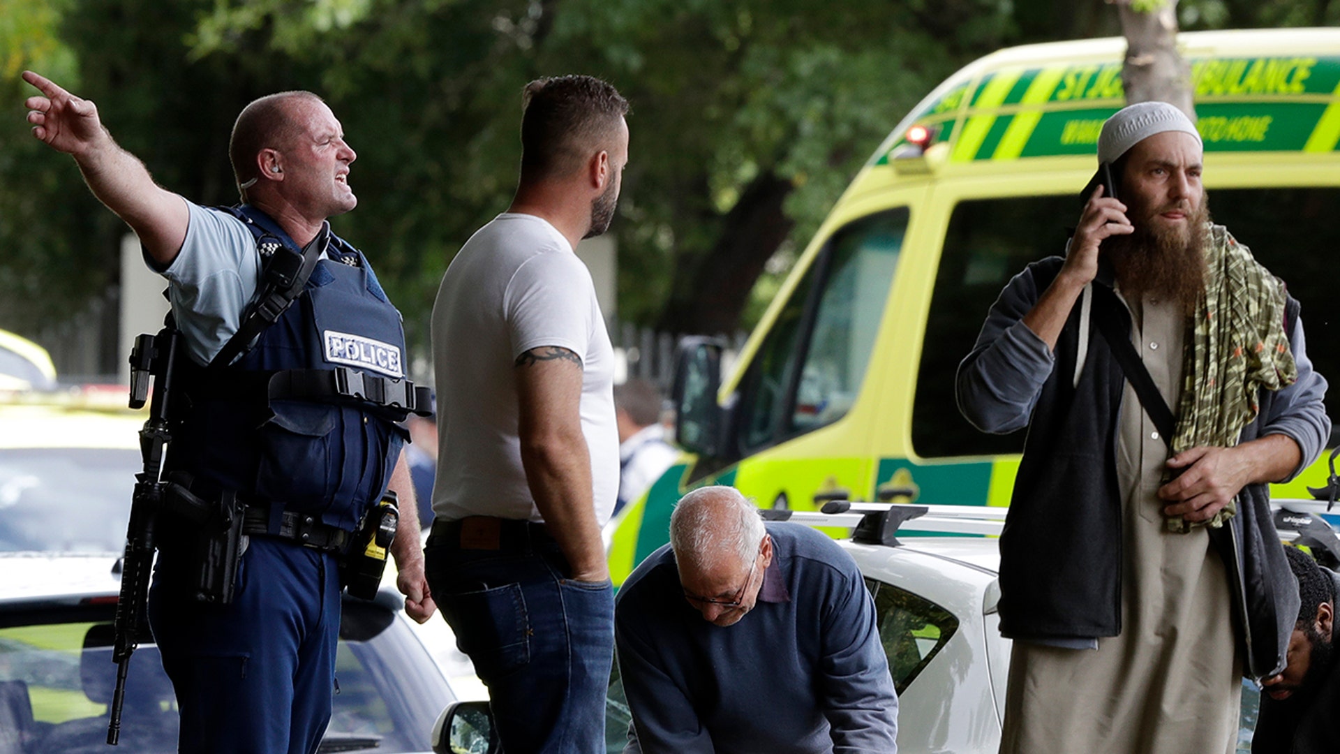 The scene outside the Christchurch mosque was one of fear, anguish and disbelief following the horrific attack.(AP Photo/Mark Baker)