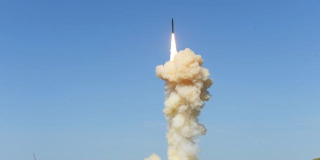 In this photo provided by the Missile Defense Agency, the lead ground-based Interceptor is launched from Vandenberg Air Force Base, Calif., in a 