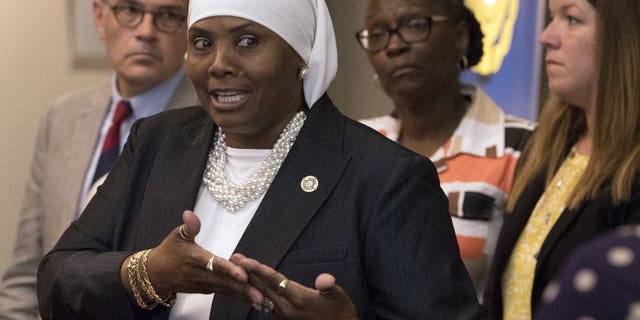 Movita Johnson-Harrell, then the interim supervisor of Victim and Witness Services, speaks in Philadelphia, Aug. 1, 2018. (Associated Press)