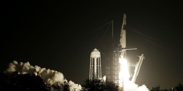 A Falcon 9 SpaceX rocket, ready for launch, sits on pad 39A at the Kennedy Space Center in Cape Canaveral, Fla., Friday, March 1, 2019. The Crew Dragon spacecraft unmanned test flight launched early Saturday morning. (Associated Press)