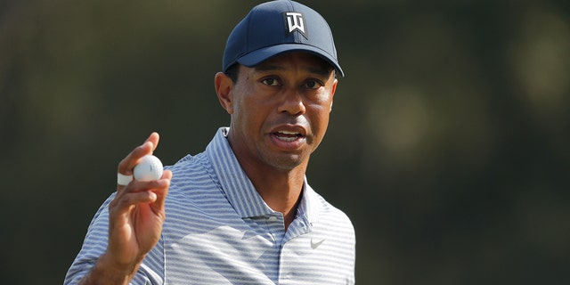 Tiger Woods holds up his golf ball after putting out on the 14th hole during the second round of The Players Championship golf tournament Friday, March 15, 2019, in Ponte Vedra Beach, Fla. 