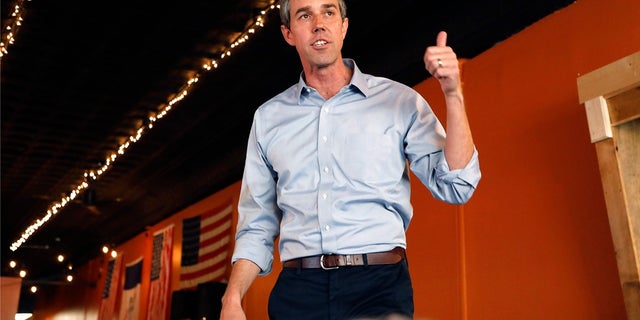 Former U.S. Rep. Beto O'Rourke speaks during a stop at the Central Park Coffee Company in Mount Pleasant, Iowa. (Associated Press)
