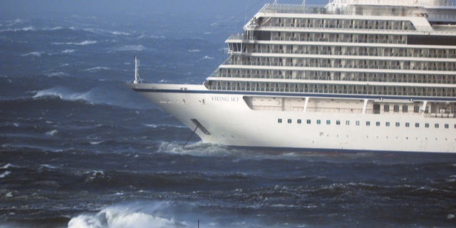 The cruise ship Viking Sky, at anchor in heavy seas, after it sent out a mayday signal because of engine failure in windy conditions, near Hustadvika, off the west coast of Norway.