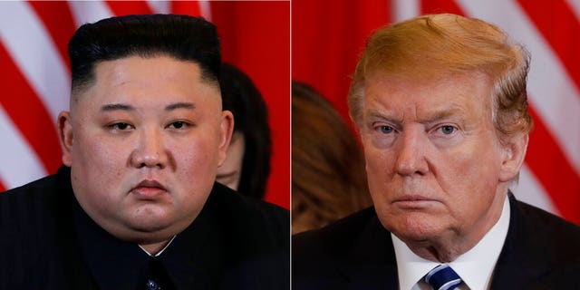In this combination of images. North Korean leader Kim Jong Un, left, and President Donald Trump during their meeting Thursday, Feb. 28, 2019, in Hanoi. (AP Photo/Evan Vucci)