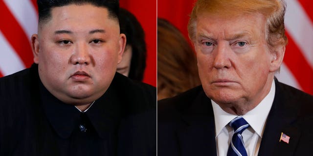 In this combination of images. North Korean leader Kim Jong Un, left, and President Donald Trump during their meeting Thursday, Feb. 28, 2019, in Hanoi. (AP Photo/Evan Vucci)