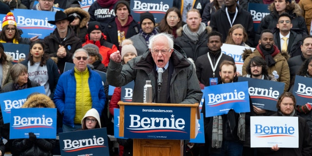 Sen. Bernie Sanders, I-Vt., speaks as he kicks off his second presidential campaign. Sanders pledged to fight for "economic justice, social justice, racial justice and environmental justice." (AP Photo/Craig Ruttle)