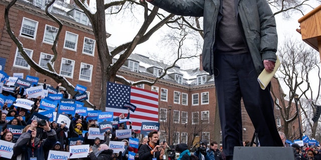 Sen. Bernie Sanders, I-Vt., arrives onstage as he kicks off his 2020 presidential campaign on Saturday, in Brooklyn.