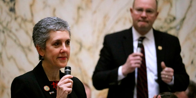 Maryland state Sen. Cheryl Kagan, a Democrat, talks about her bill to make Maryland the first state in the nation to ban foam containers for food and drink statewide to fight pollution during a debate on Tuesday, March 5, 2019 in Annapolis, Md.