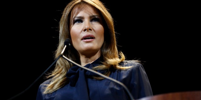 First lady Melania Trump speaks before participating in a town hall on the opioid epidemic with moderator Eric Bolling in Las Vegas, Tuesday, March 5, 2019, during a two-day, three-state swing to promote her Be Best campaign. (AP Photo/Patrick Semansky)