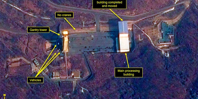 This image provided by Airbus Defence & Space and 38 North via a satellite image from CNES which was captured on March 6, 2019, shows the Sohae Satellite Launch Facility in Tongchang-ri, North Korea. North Korea is restoring facilities at the long-range rocket launch, which it dismantled last year as part of disarmament steps, according to foreign experts and a South Korean lawmaker who was briefed by Seoul's spy service.