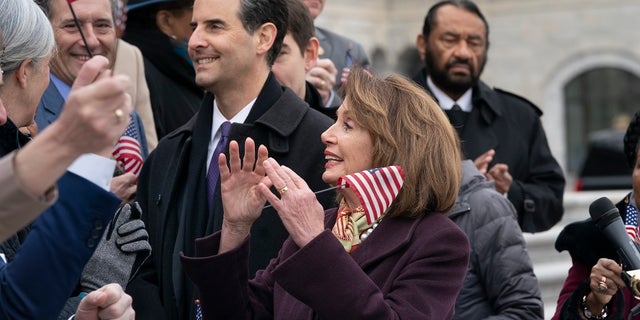 House Speaker Nancy Pelosi, D-Calif., and other House Democrats rally ahead of the passage of H.R. 1, "The For the People Act," at the Capitol in Washington, Friday, March 8, 2019. (Associated Press)