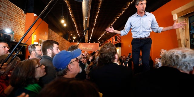 Former Texas Rep. Beto O'Rourke at the Central Park Coffee Company, in Mount Pleasant, Iowa, last Friday. (AP Photo/Charlie Neibergall)
