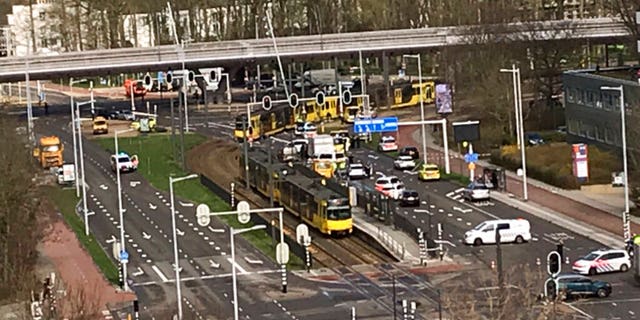 Emergency services attend the scene of a shooting in Utrecht, Netherlands, Monday.