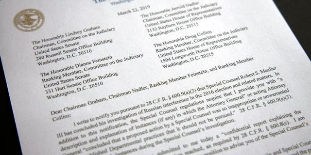 A copy of a letter from Attorney General William Barr advising Congress that Special Counsel Robert Mueller has concluded his investigation, is shown Friday, March 22, 2019 in Washington. Robert Mueller on Friday turned over his long-awaited final report on the contentious Russia investigation that has cast a dark shadow over Donald Trump's presidency, entangled Trump's family and resulted in criminal charges against some of the president's closest associates.