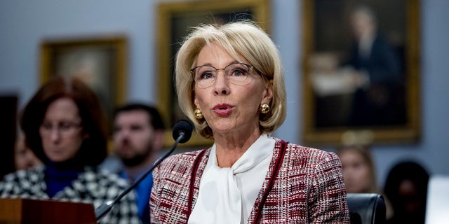 Education Secretary Betsy DeVos speaks during a House Appropriations subcommittee hearing on budget on Capitol Hill in Washington, Tuesday, March 26, 2019.