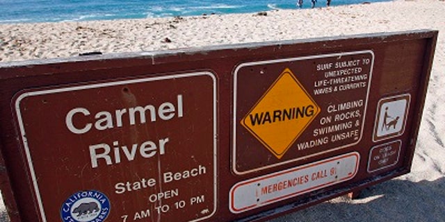 A warning sign shows the dangerous conditions near the Monastery Beach area of Carmel River State Beach in Carmel, Calif.