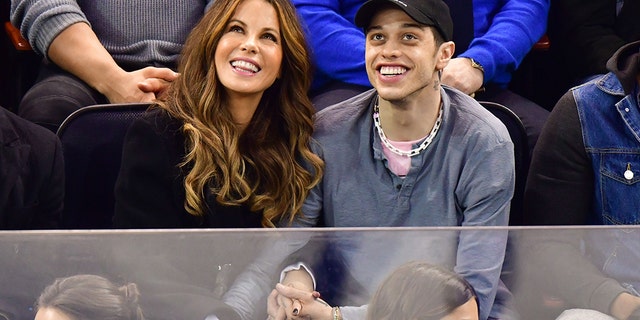 Kate Beckinsale and Pete Davidson attend a New York Rangers game on March 3, 2019.