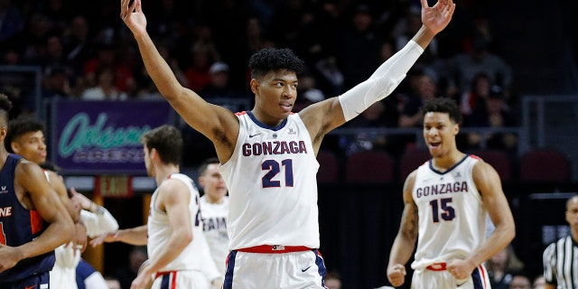 Gonzaga's Rui Hachimura (21) celebrates after a play against Pepperdine during the first half of an NCAA semifinal college basketball game at the West Coast Conference tournament, Monday, March 11, 2019, in Las Vegas.