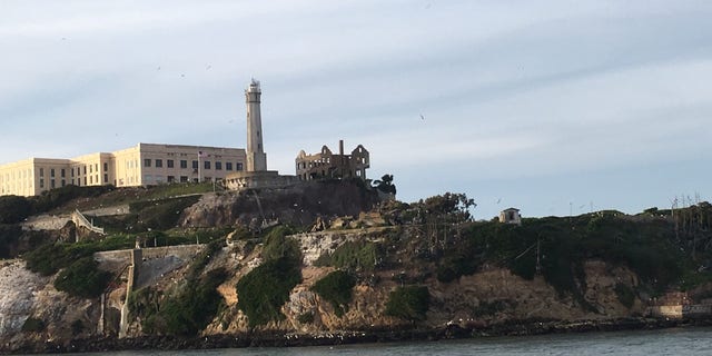 A view of Alcatraz Island. The ruined warden's mansion is in the center of the picture.