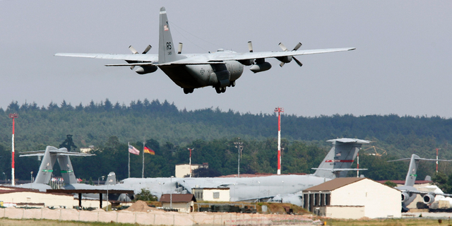 In this 2015 file photo, an airplane lands at the US Air Base in Ramstein, Germany. (Ronald Wittek/dpa via AP)