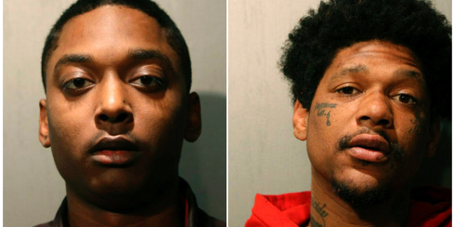 This combination of March 2019 booking photos released by the Chicago Police Department shows Menelik Jackson, left, and Jovan Battle. The two men are charged with first-degree murder in the weekend slaying of an off-duty Chicago officer who was repeatedly shot while sitting in a parked car. Chicago police announced Monday, March 25 that Jackson, of South Holland, and Battle, of Chicago, were arrested for allegedly firing at the car in the River North neighborhood, killing John Rivera. They're expected in court Monday. (Chicago Police Department via AP)