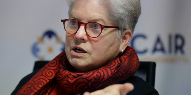 Council on American-Islamic Relations Massachusetts Civil Rights Director Barbara Dougan takes questions from a reporter from The Associated Press, Wednesday, March 27, 2019, in Boston. The state's largest Islamic advocacy organization is releasing its first annual report on the civil rights abuses faced by local Muslims. (AP Photo/Steven Senne)