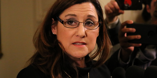 Maryland Del. Mary Ann Lisanti talks to reporters after the House of Delegates voted to censure her on Thursday, Feb. 28, 2019 in Annapolis, Md., for making a racial slur about a majority-black county. (AP Photo/Brian Witte)