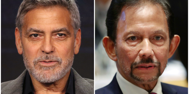 FILE - This combination of file photos shows George Clooney in Pasadena, Calif., on Feb. 11, 2019, left, and Brunei's Sultan Hassanal Bolkiah in Brussels on Oct. 18, 2018. Clooney is calling for the boycott of nine hotels in the U.S. and Europe with ties to Sultan Bolkiah, who's country will implement Islamic criminal laws in April 2019 to punish gay sex by stoning offenders to death. (AP Photo/Willy Sanjuan and Francisco Seco, File)