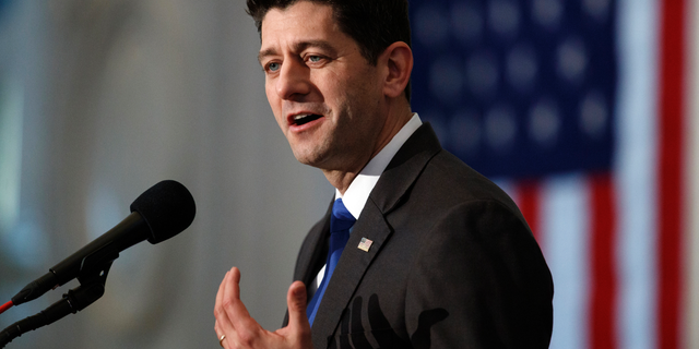 FILE- In this Dec. 19, 2018, file photo House Speaker Paul Ryan of Wis., gives a farewell speech in the Great Hall of the Library of Congress in Washington. (AP Photo/Carolyn Kaster, File)