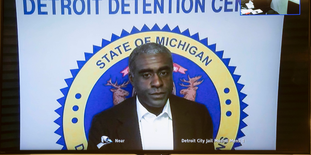 In a frame grab from video, Khari Mosley, husband of Allegheny County Controller Chelsa Wagner, appears in a video arraignment at 36th District court in Detroit, March 25, 2019. The pair were charged with resisting arrest and obstructing the police during an incident at the Westin Book Cadillac hotel in Detroit on March 6. (David Guralnick/The Detroit News via AP)