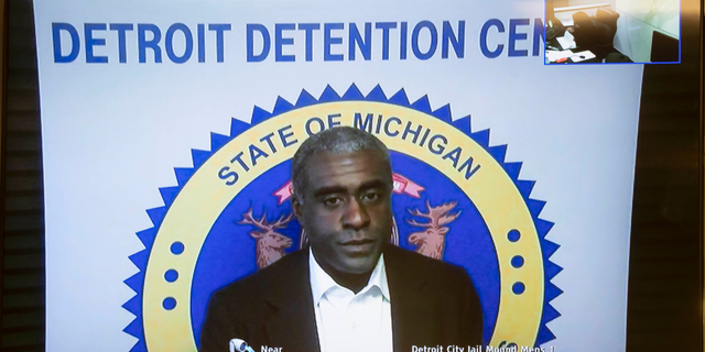 In a frame grab from video, Khari Mosley, husband of Allegheny County Controller Chelsa Wagner, appears in a video arraignment at 36th District court in Detroit, March 25, 2019. The pair were charged with resisting arrest and obstructing the police during an incident at the Westin Book Cadillac hotel in Detroit on March 6. (David Guralnick/The Detroit News via AP)