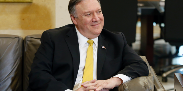 U.S. Secretary of State Mike Pompeo, meets with Lebanese Prime Minister Saad Hariri, in Beirut, Lebanon, Friday, March. 22, 2019. Mike Pompeo arrived in Lebanon on Friday amid strong regional condemnation of President Donald Trump's declaration that it's time the U.S. recognized Israel's sovereignty over the Israeli-occupied Golan Heights. (AP Photo/Bilal Hussein)