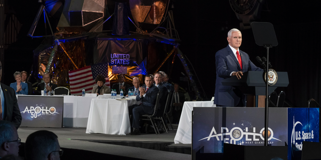 Vice President Mike Pence spoke at a meeting of the National Space Council, an advisory group to the president, on March 26, 2019, in Huntsville, Alabama.