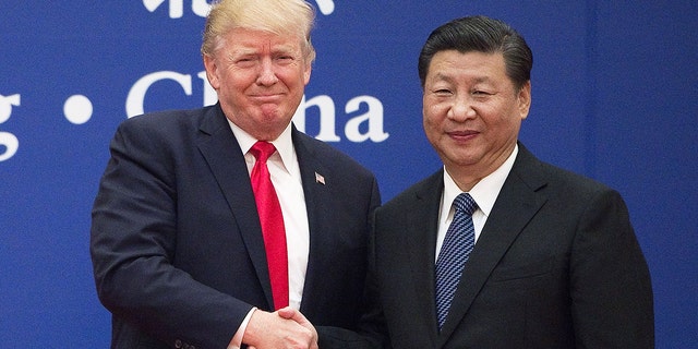 Donald Trump and Xi Jinping shake hands during a business leaders event at the Great Hall of the People in Beijing on Nov. 9, 2017. (NICOLAS ASFOURI/AFP/Getty Images)