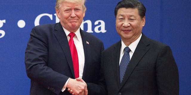 US President Donald Trump and China's President Xi Jinping shake hands.