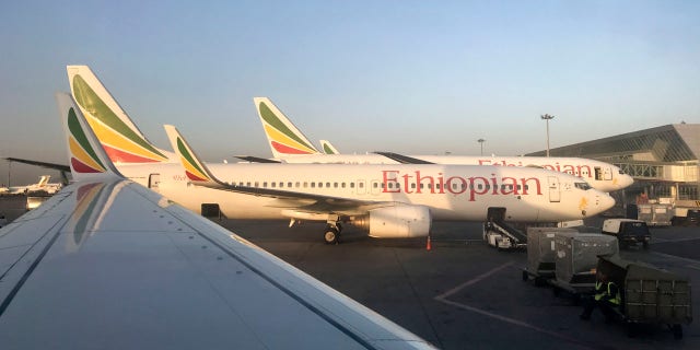 This photo taken Monday, Feb. 11, 2019 shows an Ethiopian Airlines Boeing 737-800 parked at Bole International Airport in Addis Ababa, Ethiopia.