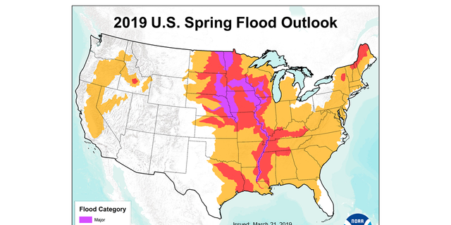 This map issued by NOAA shows locations where the likelihood of major, moderate or smaller flooding is greater than 50% in the period March to May 2019.