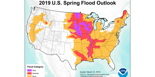 This map issued by NOAA shows locations where the likelihood of major, moderate or smaller flooding is greater than 50% in the period March to May 2019.
