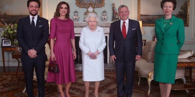 Crown Prince Hussein of Jordan, Queen Rania of Jordan, Queen Elizabeth II, King Abdullah II of Jordan and Princess Anne, Princess Royal at Buckingham Palace on February 28, 2019 in London, England.