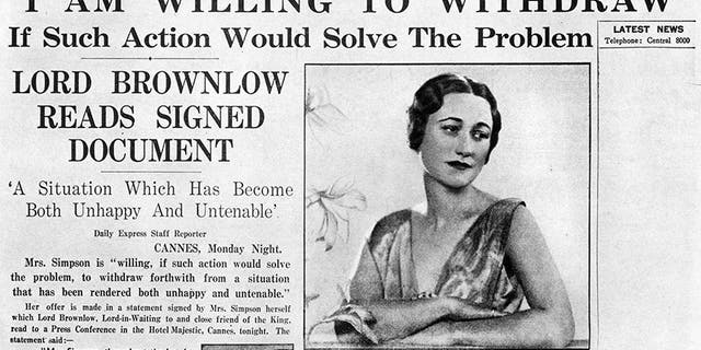 Article on the front page of the Daily Express about American socialite Wallis Simpson (18961986). Simpson's relationship with King Edward VIII (18941972) eventually led to his abdication.